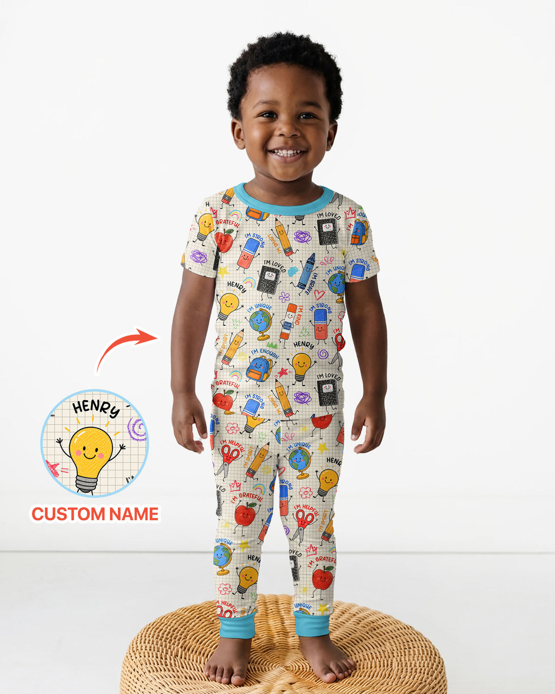 School Squad Custom Name Bamboo Two Piece Short Sleeve Pajama Set