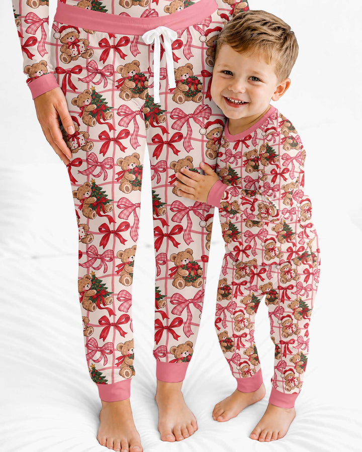 Pink Christmas Teddy Bear Plaid Mommy & Me Matching Bamboo Women Pajama Set
