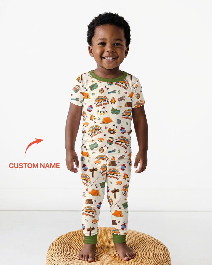 Custom Name Camping Crew Family Matching Bamboo Two Piece Short Sleeve Pajama Set
