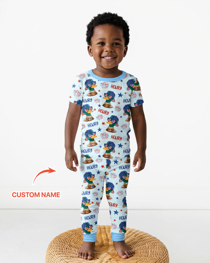 Custom Name Patriotic Mallard Duck Bamboo Two Piece Short Sleeve Pajama Set