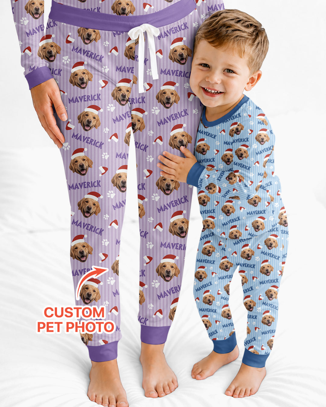 Custom Pet Photo Christmas Paws Stripe Bamboo Women Pajama Set