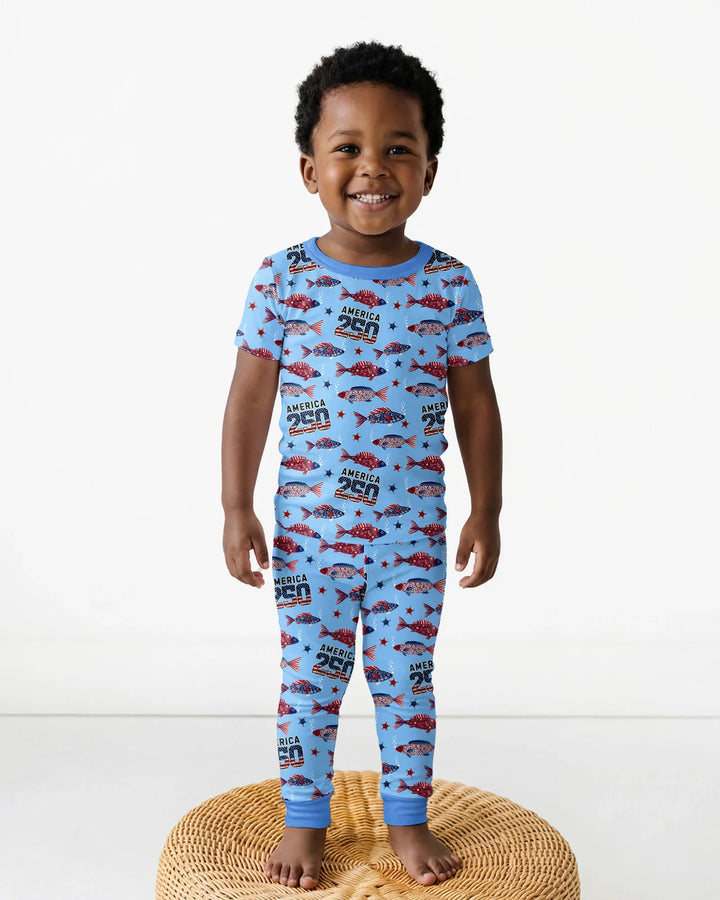 Stars and Stripes Fish Bamboo Two Piece Short Sleeve Pajama Set