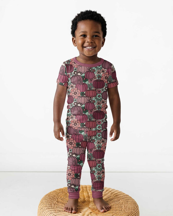 Retro Floral Pumpkin Patch Bamboo Two Piece Short Sleeve Pajama Set