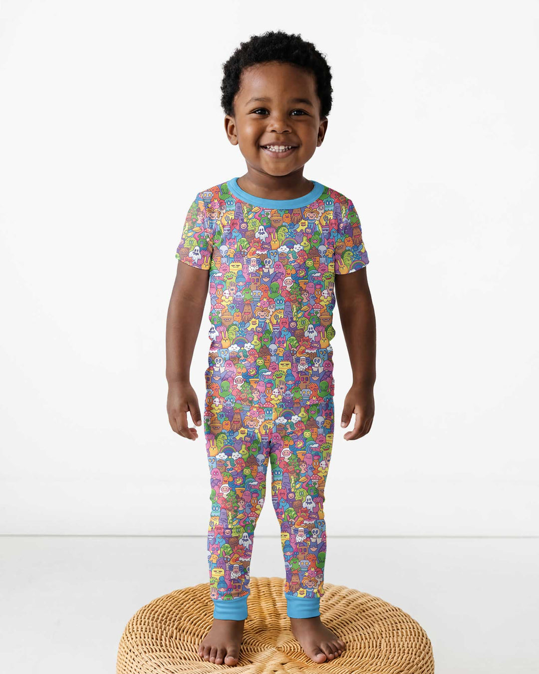 Doodle Characters Pastel Bamboo Two Piece Short Sleeve Pajama Set