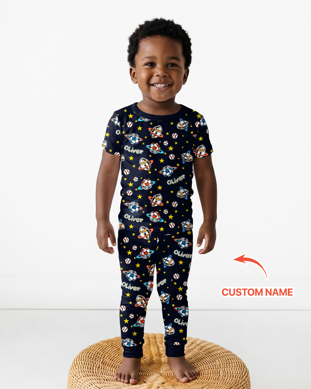 Custom Name Space Sport Bamboo Two Piece Short Sleeve Pajama Set