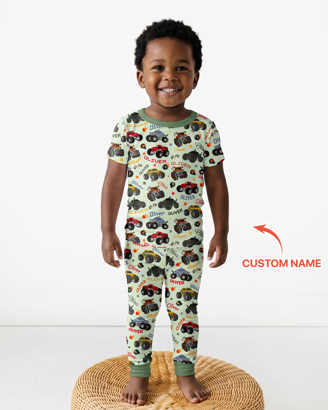 Personalized Monster Truck Bamboo Two Piece Short Sleeve Pajama Set