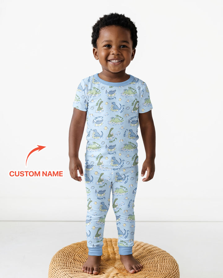 Dinos Swimming Custom Name Bamboo Two Piece Short Sleeve Pajama Set