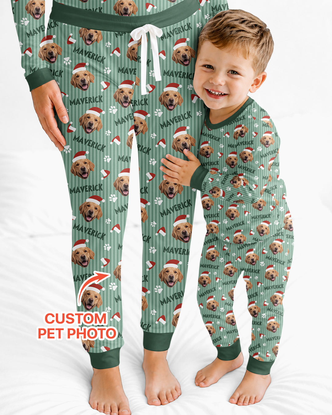 Custom Pet Photo Christmas Paws Stripe Bamboo Women Pajama Set