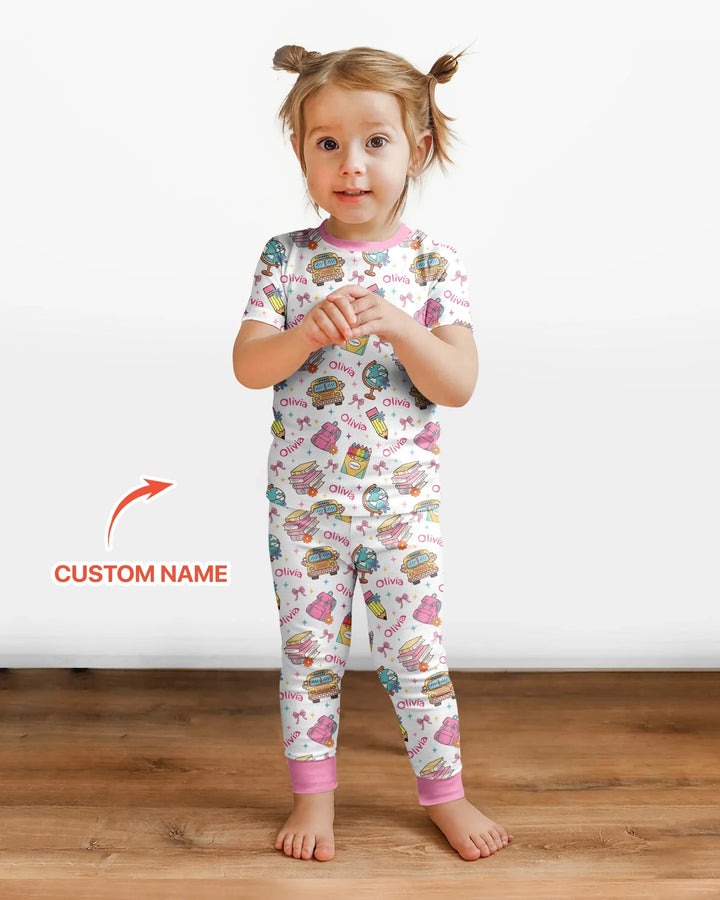 Custom Name Back To School Bamboo Two Piece Short Sleeve Pajama Set