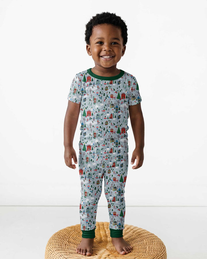 Snowy Christmas Village Map Bamboo Two Piece Short Sleeve Pajama Set