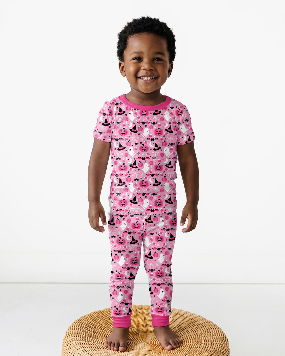 Cute Pink Halloween Ghost Pumpkin Witch Bamboo Two Piece Short Sleeve Pajama Set
