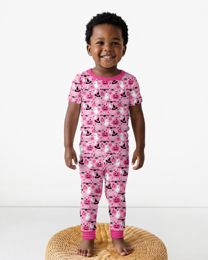 Cute Pink Halloween Ghost Pumpkin Witch Bamboo Two Piece Short Sleeve Pajama Set