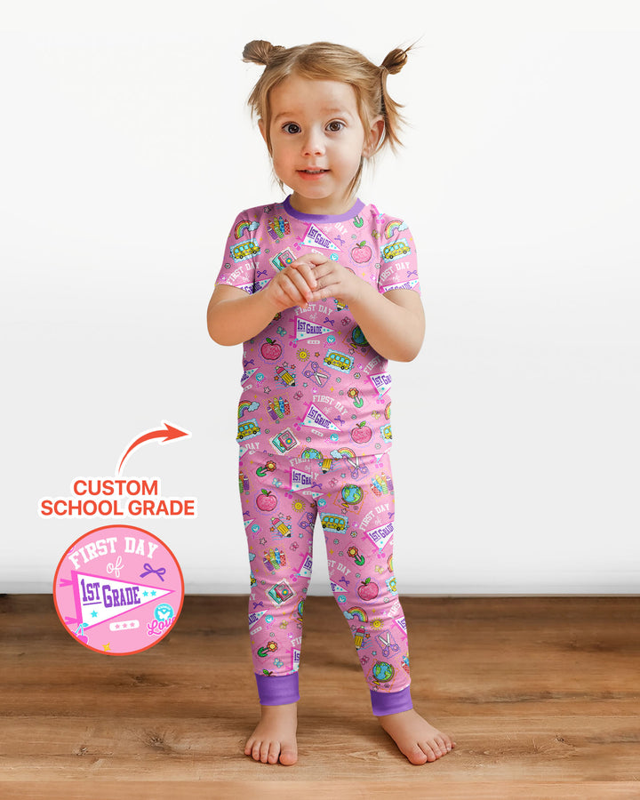 Custom Grade Girls School First Day Bamboo Two Piece Short Sleeve Pajama Set
