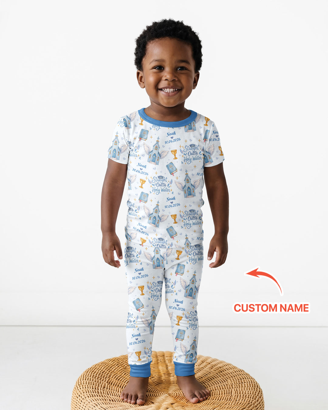 Custom Name Baptism Christening Straight Outta Holy Water Bamboo Two Piece Short Sleeve Pajama Set