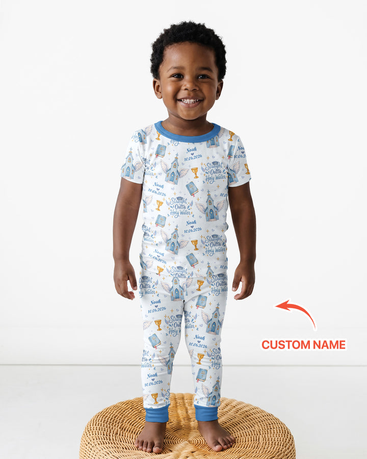 Custom Name Baptism Christening Straight Outta Holy Water Bamboo Two Piece Short Sleeve Pajama Set