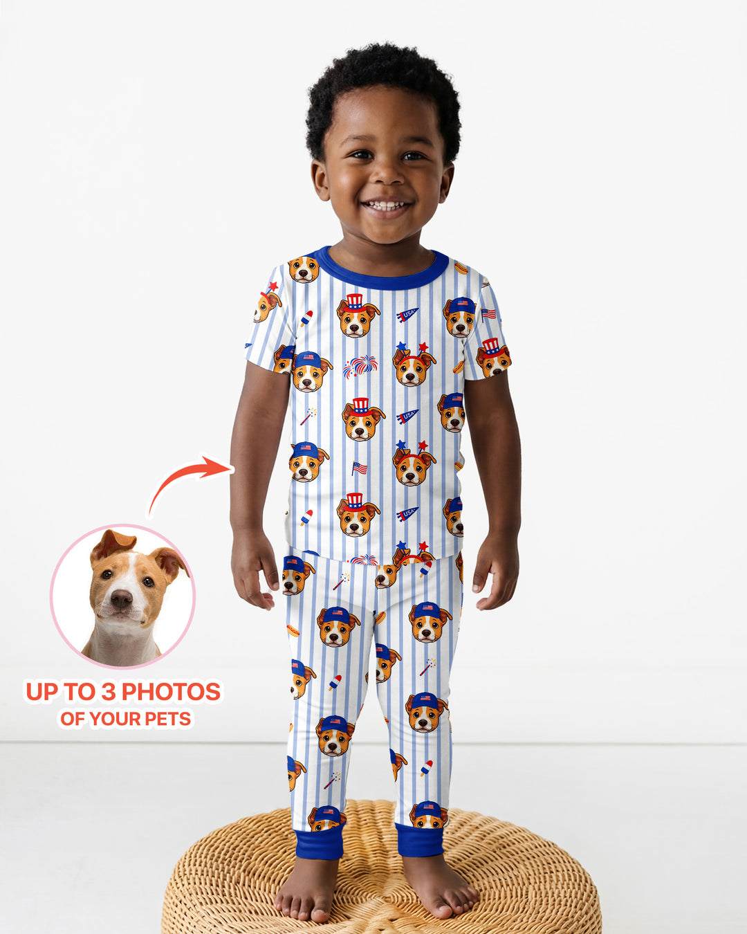 Custom Pet Image 4th of July Family Matching Bamboo Two Piece Short Sleeve Pajama Set