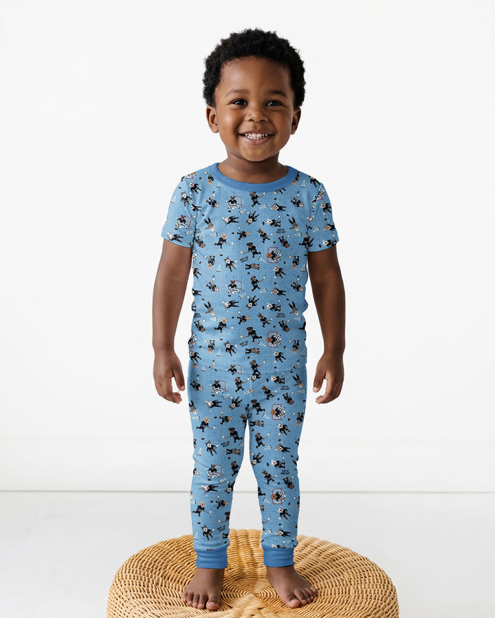 Hockey Dogs - Blue and Black Bamboo Two Piece Short Sleeve Pajama Set
