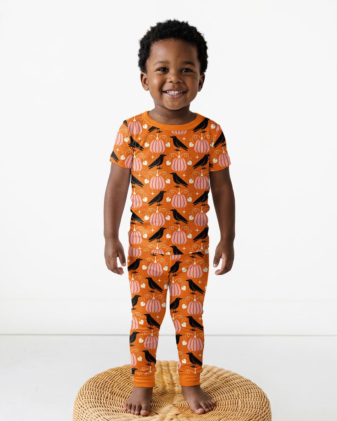 Ravens in a Pumpkin Patch - Orange Pink Bamboo Two Piece Short Sleeve Pajama Set