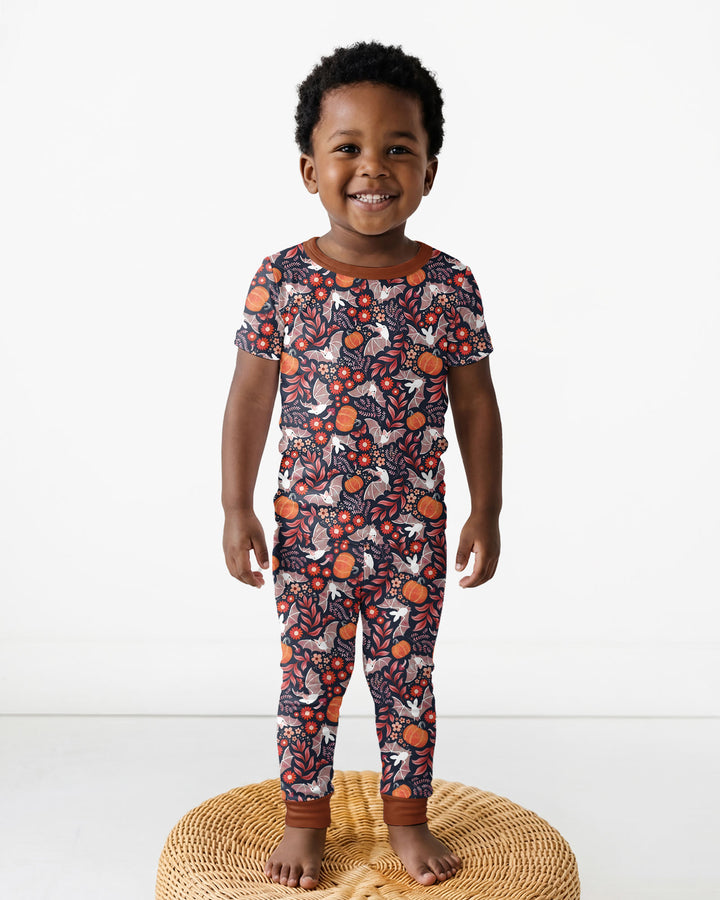 Bat Pumpkin Floral Halloween Bamboo Two Piece Short Sleeve Pajama Set