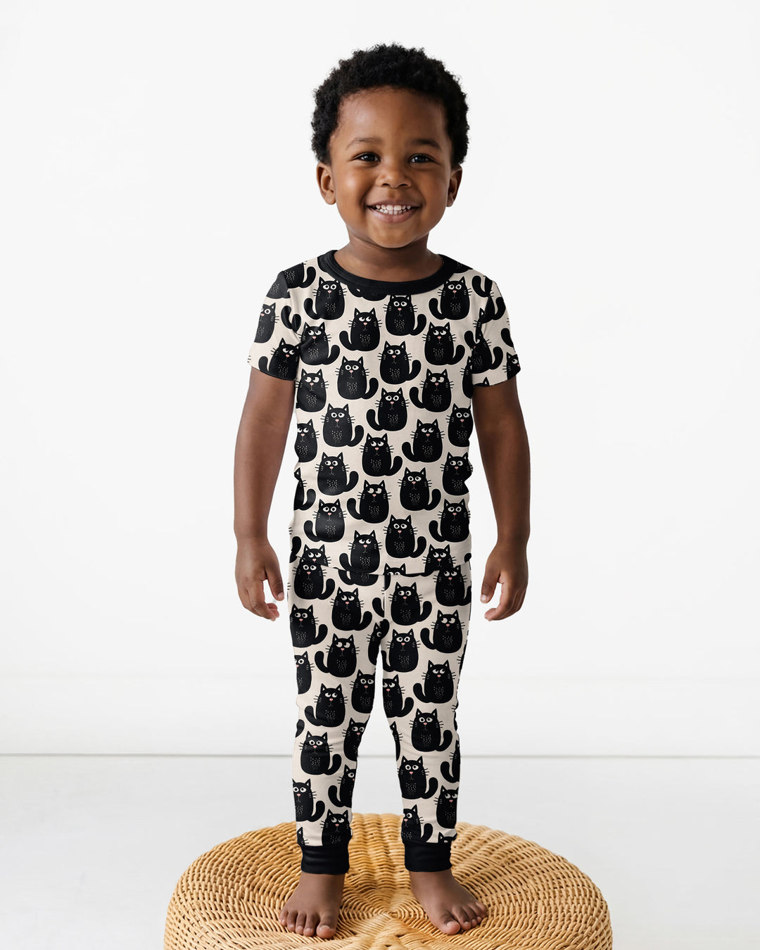 Moody Black Cats in Black and White Bamboo Two Piece Short Sleeve Pajama Set