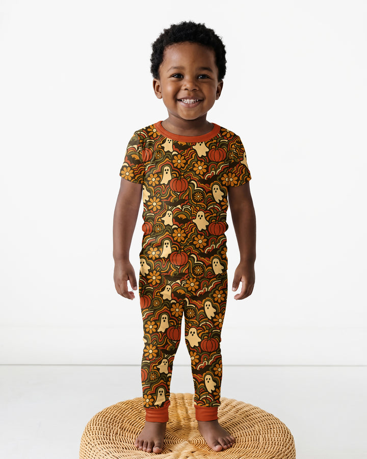 Retro Halloween Ghost Pumpkin Floral Bamboo Two Piece Short Sleeve Pajama Set