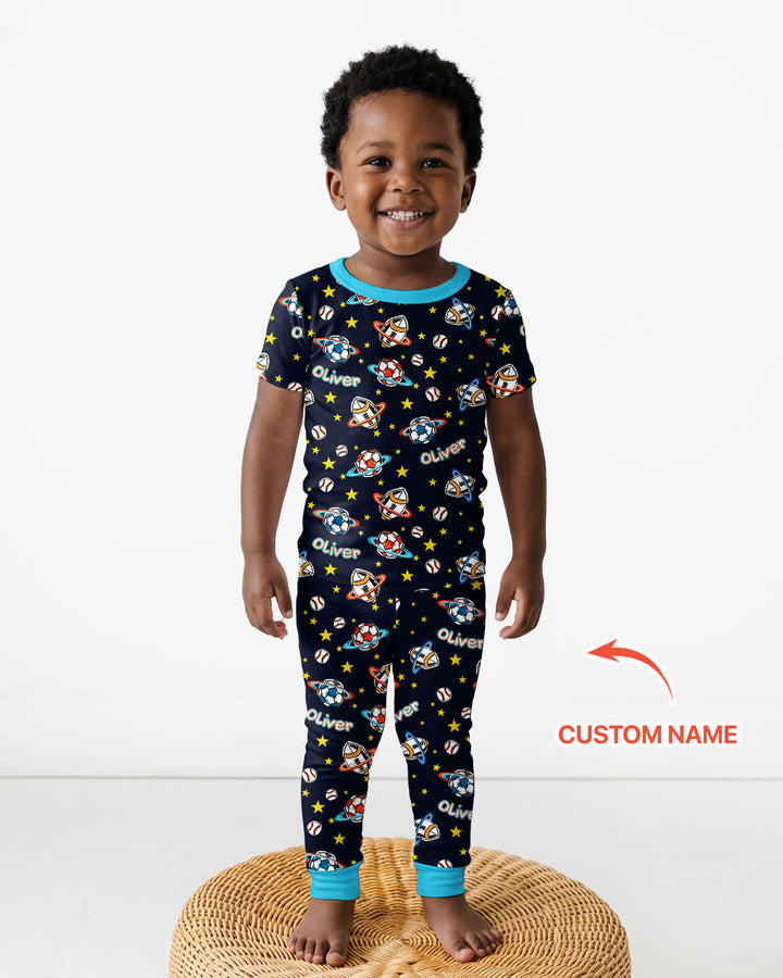 Custom Name Space Sport Bamboo Two Piece Short Sleeve Pajama Set