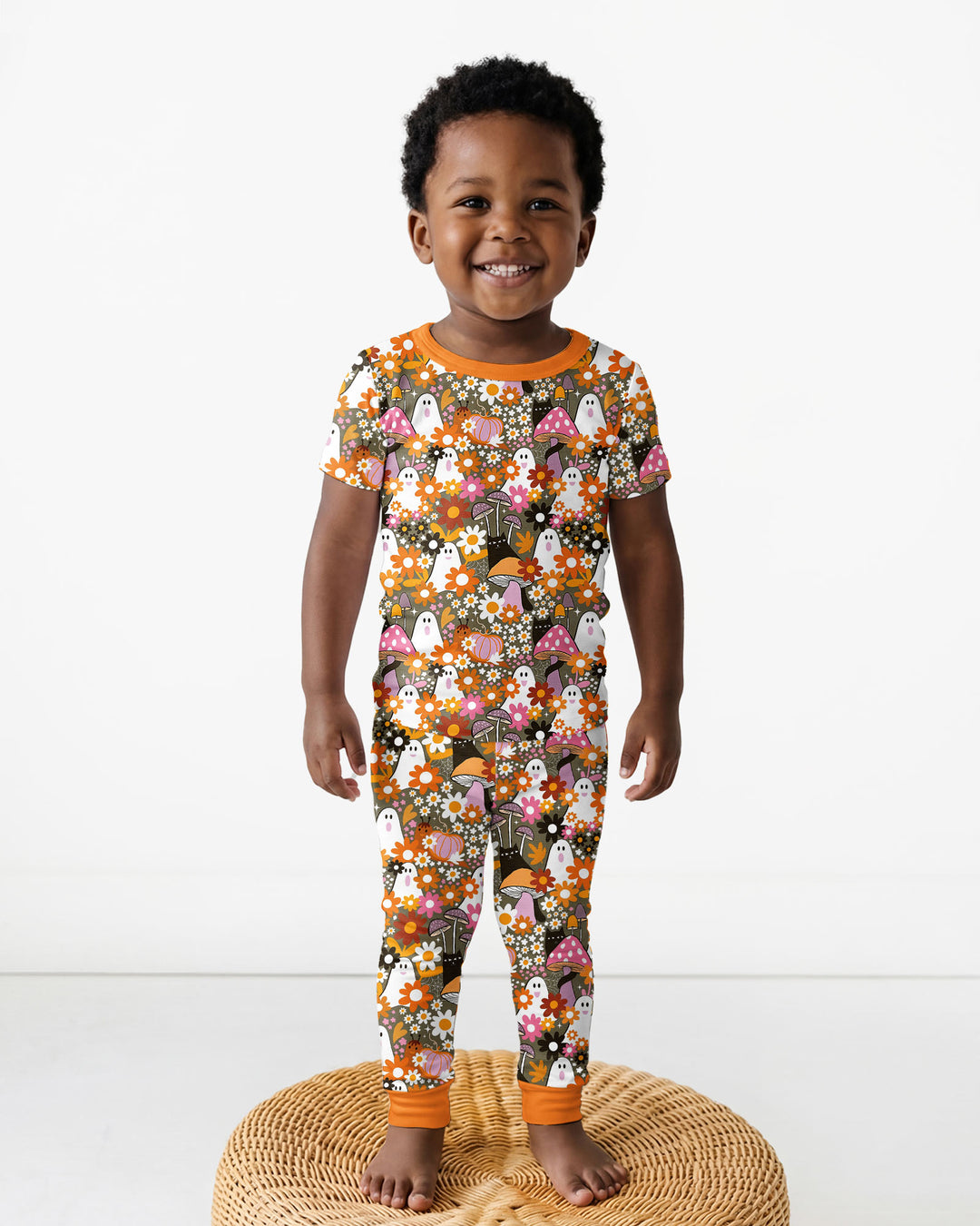 Retro Ghost Mushroom Floral Halloween Bamboo Two Piece Short Sleeve Pajama Set