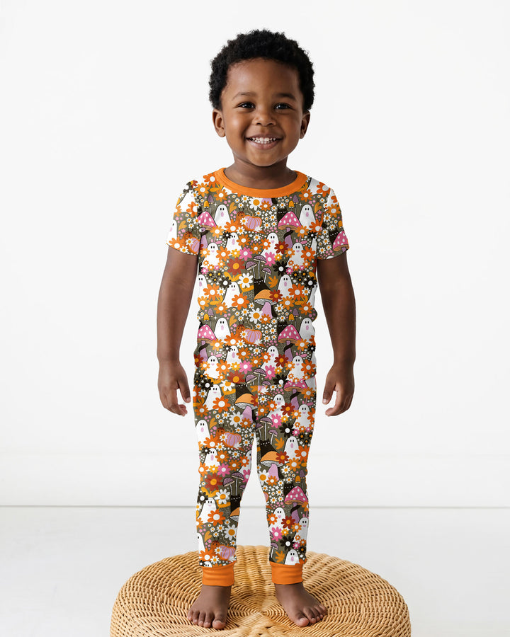 Retro Ghost Mushroom Floral Halloween Bamboo Two Piece Short Sleeve Pajama Set
