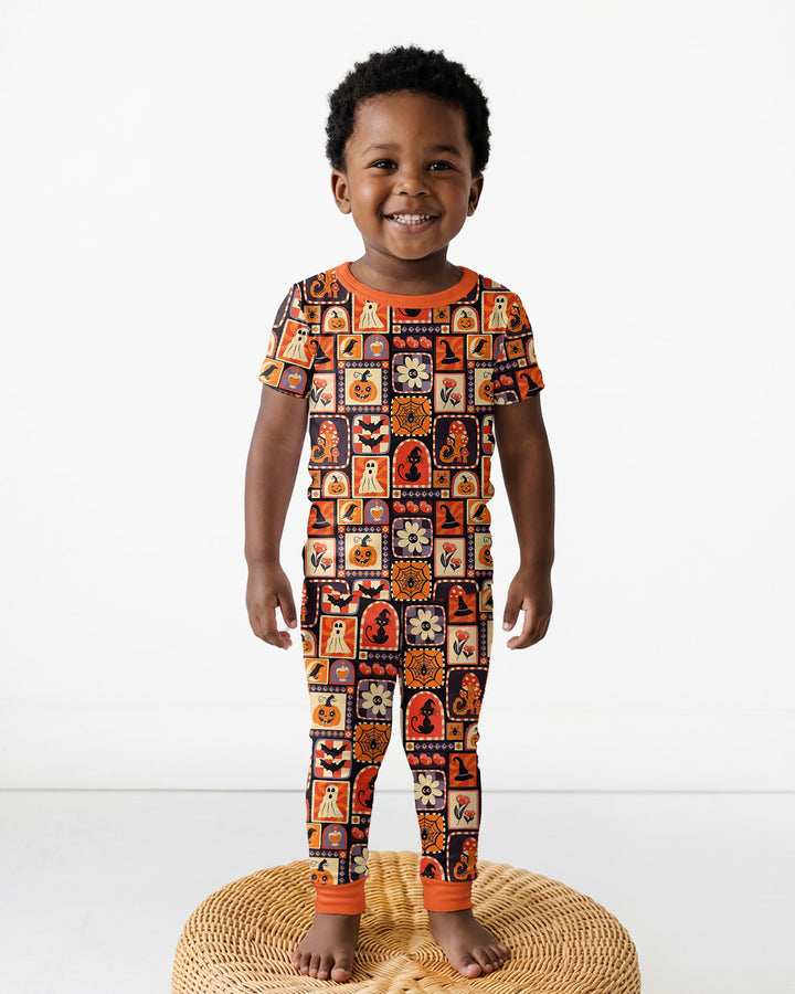 Retro Halloween Patchwork Icons Bamboo Two Piece Short Sleeve Pajama Set
