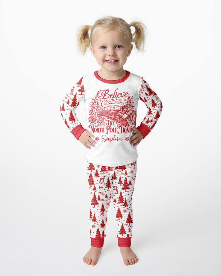 Custom Name North Pole Train Bamboo Two Piece Long Sleeve Pajama Set