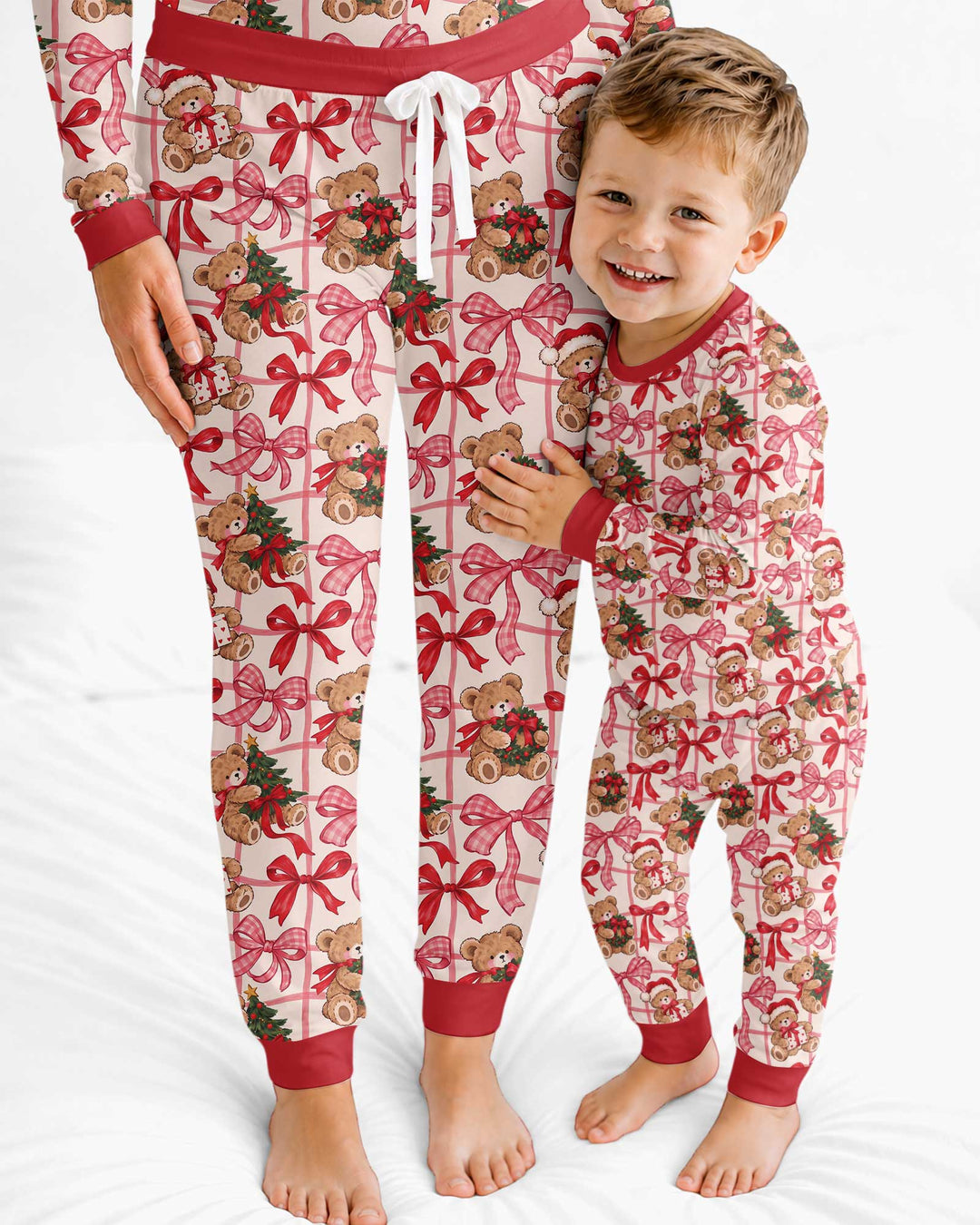 Pink Christmas Teddy Bear Plaid Mommy & Me Matching Bamboo Women Pajama Set