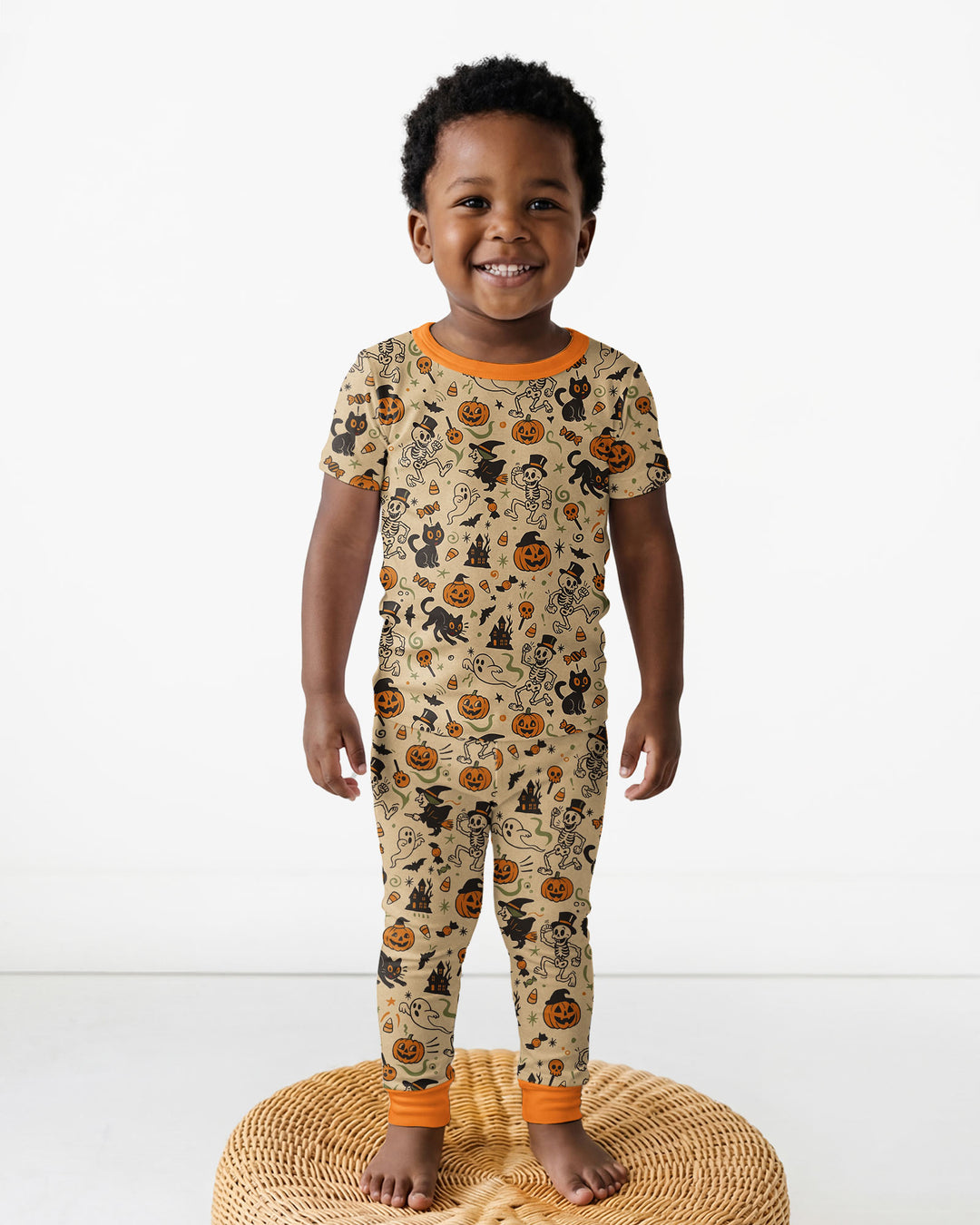 Vintage Skeleton Pumpkin Halloween Bamboo Two Piece Short Sleeve Pajama Set