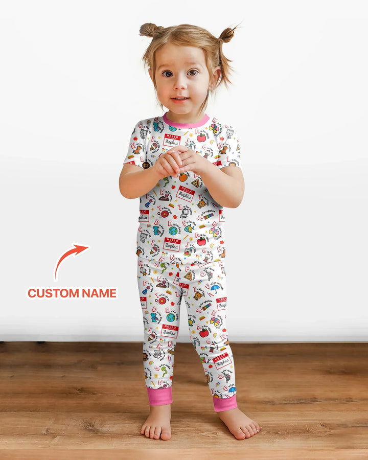 Custom Name Hello School ABCs Bamboo Two Piece Short Sleeve Pajama Set