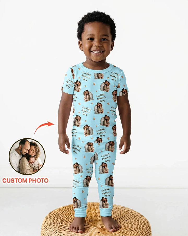 Custom Photo Our First as Parents Bamboo Two Piece Short Sleeve Pajama Set