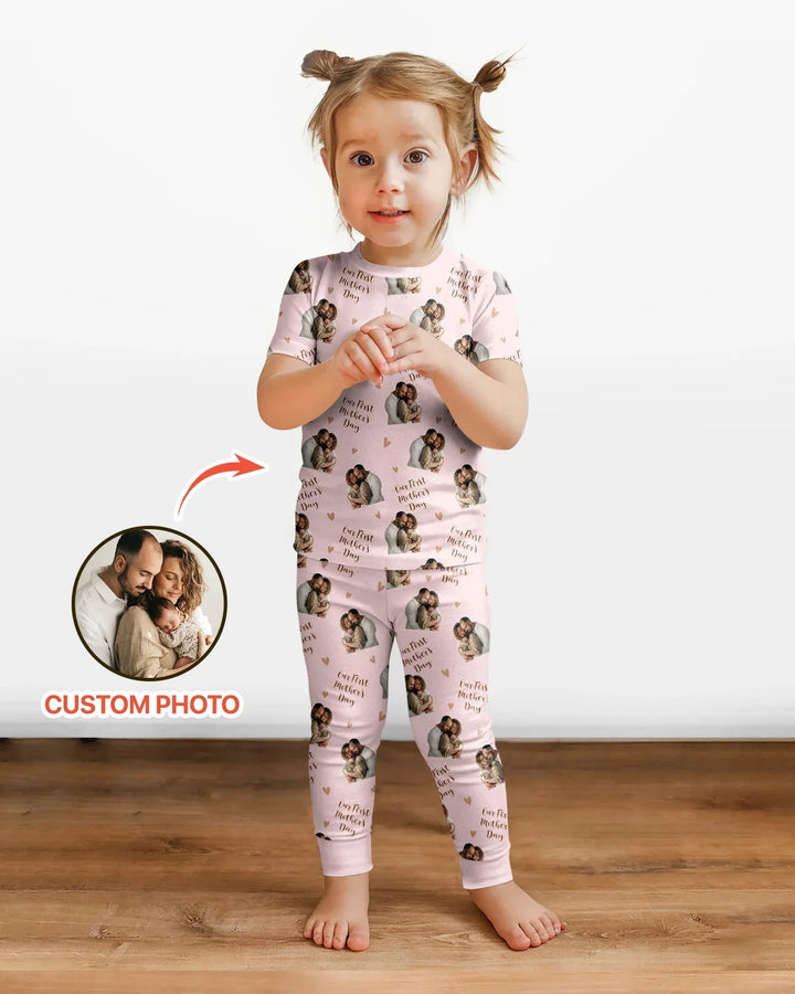 Custom Photo Our First as Parents Bamboo Two Piece Short Sleeve Pajama Set