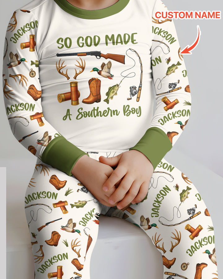 So God Made A Southern Boy Custom Name Bamboo Two Piece Long Sleeve Pajama Set
