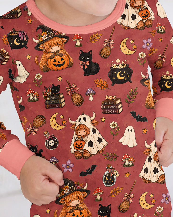 Vintage Highland Cow Halloween Bamboo Two Piece Long Sleeve Pajama Set