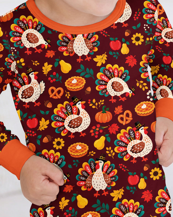 Festive Turkey Fall Harvest Bamboo Two Piece Long Sleeve Pajama Set