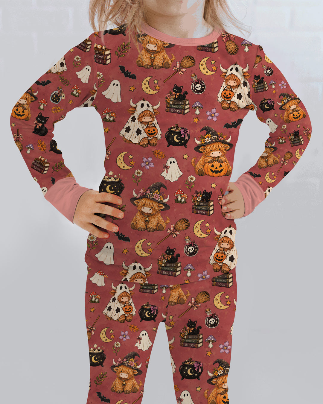 Vintage Highland Cow Halloween Bamboo Two Piece Long Sleeve Pajama Set