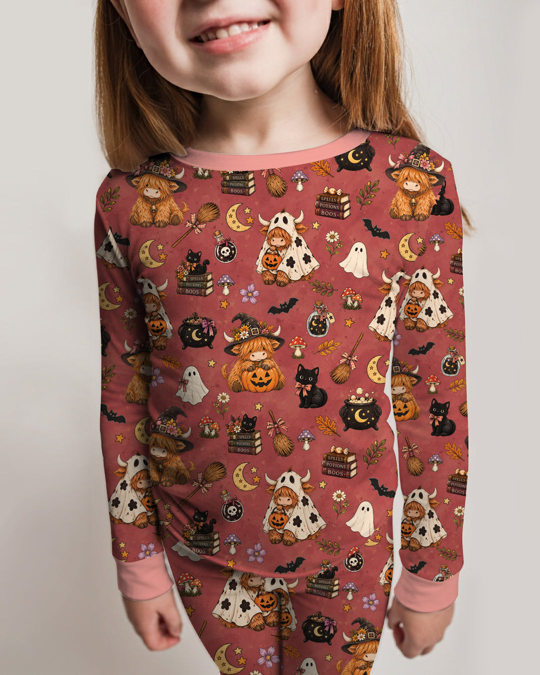 Vintage Highland Cow Halloween Bamboo Two Piece Long Sleeve Pajama Set