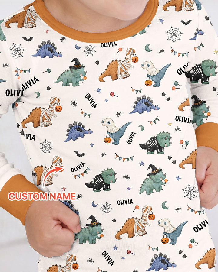 Custom Name Cute Halloween Dinosaur - Personalized Long Sleeve Pajama Set