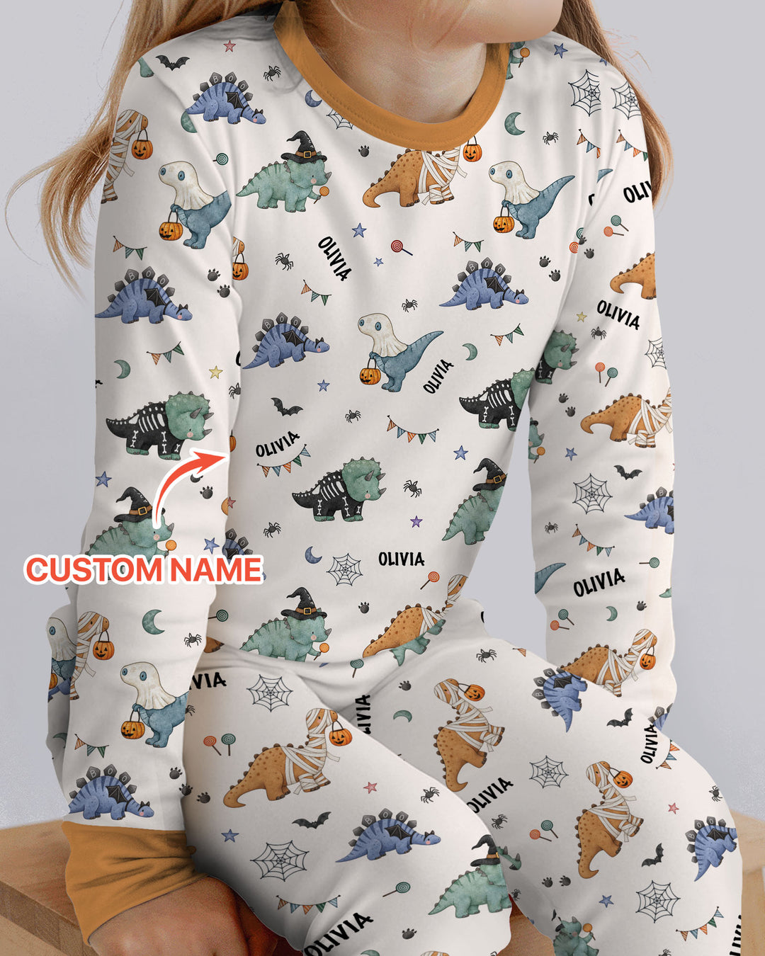 Custom Name Cute Halloween Dinosaur - Personalized Long Sleeve Pajama Set