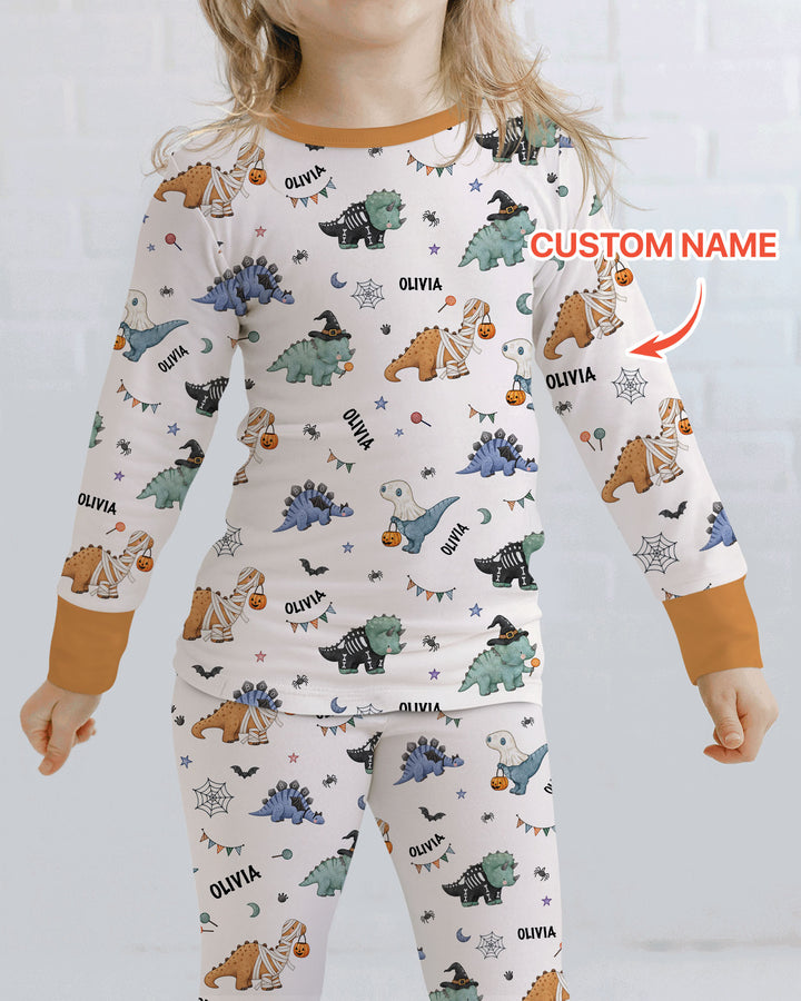 Custom Name Cute Halloween Dinosaur - Personalized Long Sleeve Pajama Set