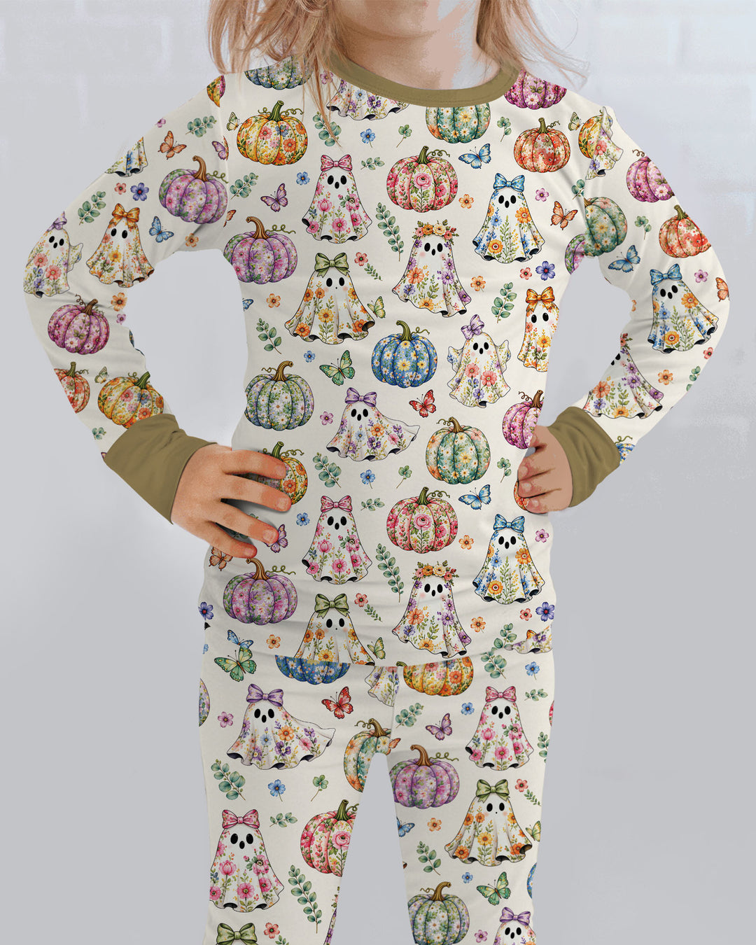 Floral Ghost Halloween Bamboo Two Piece Long Sleeve Pajama Set