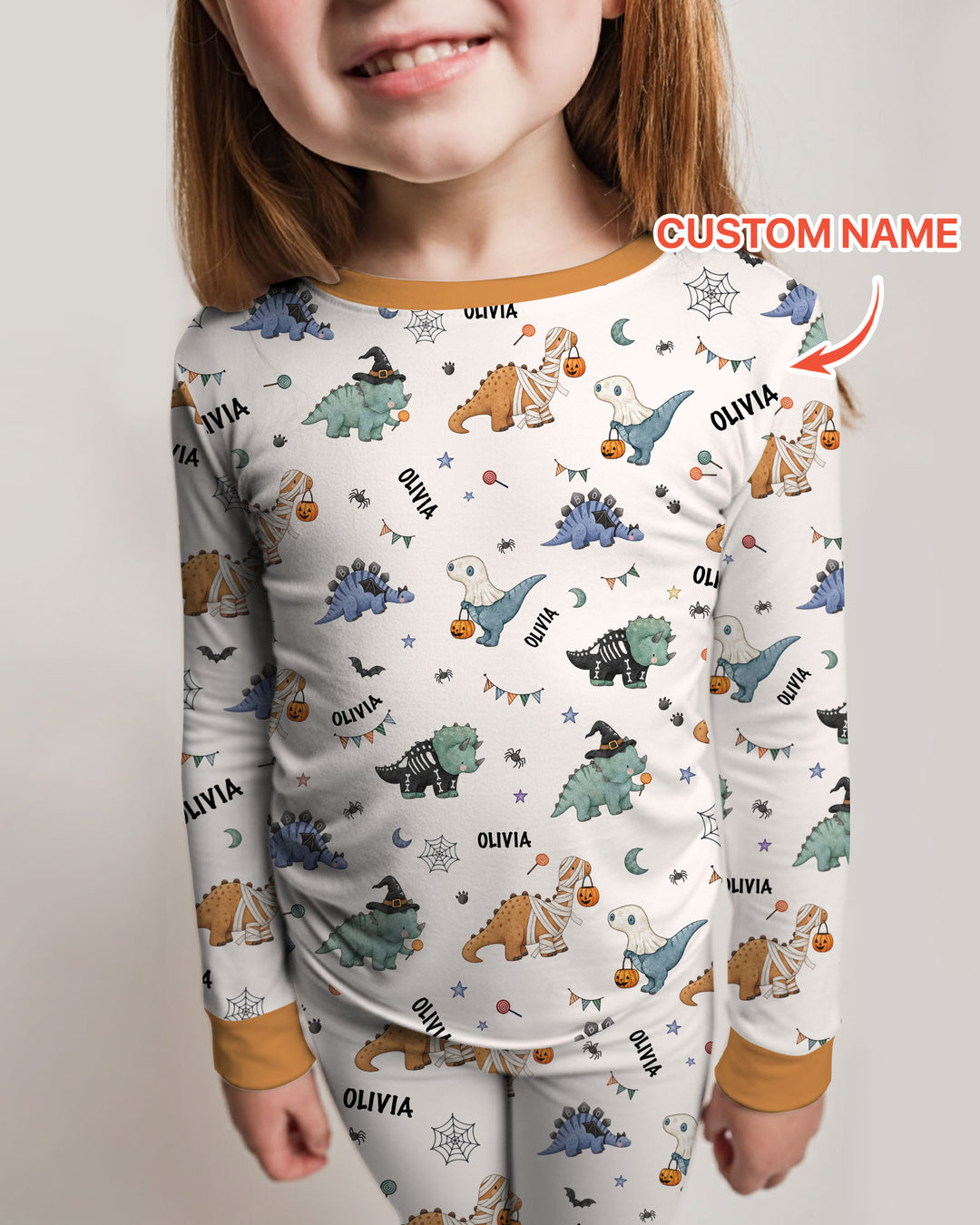 Custom Name Cute Halloween Dinosaur - Personalized Long Sleeve Pajama Set