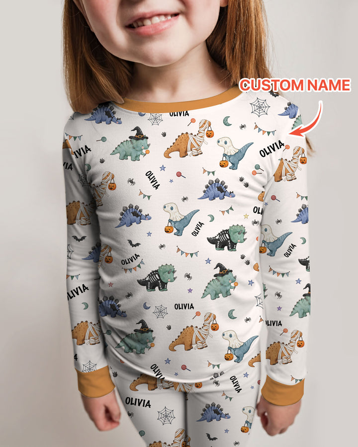 Custom Name Cute Halloween Dinosaur - Personalized Long Sleeve Pajama Set