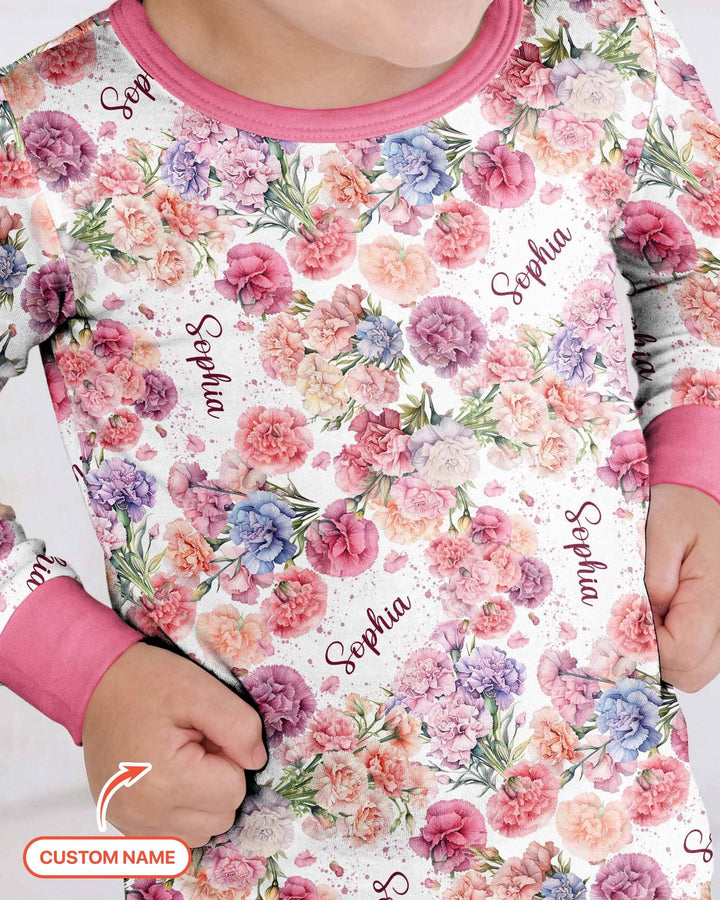 Custom Name Birth Month Flowers Bamboo Two Piece Long Sleeve Pajama Set