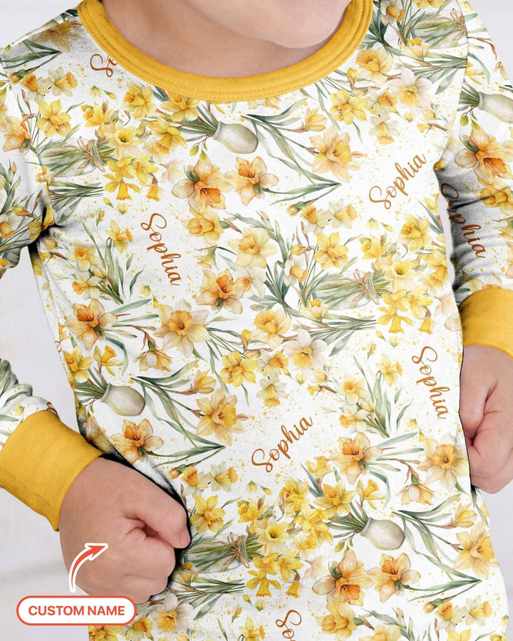 Custom Name Birth Month Flowers Bamboo Two Piece Long Sleeve Pajama Set