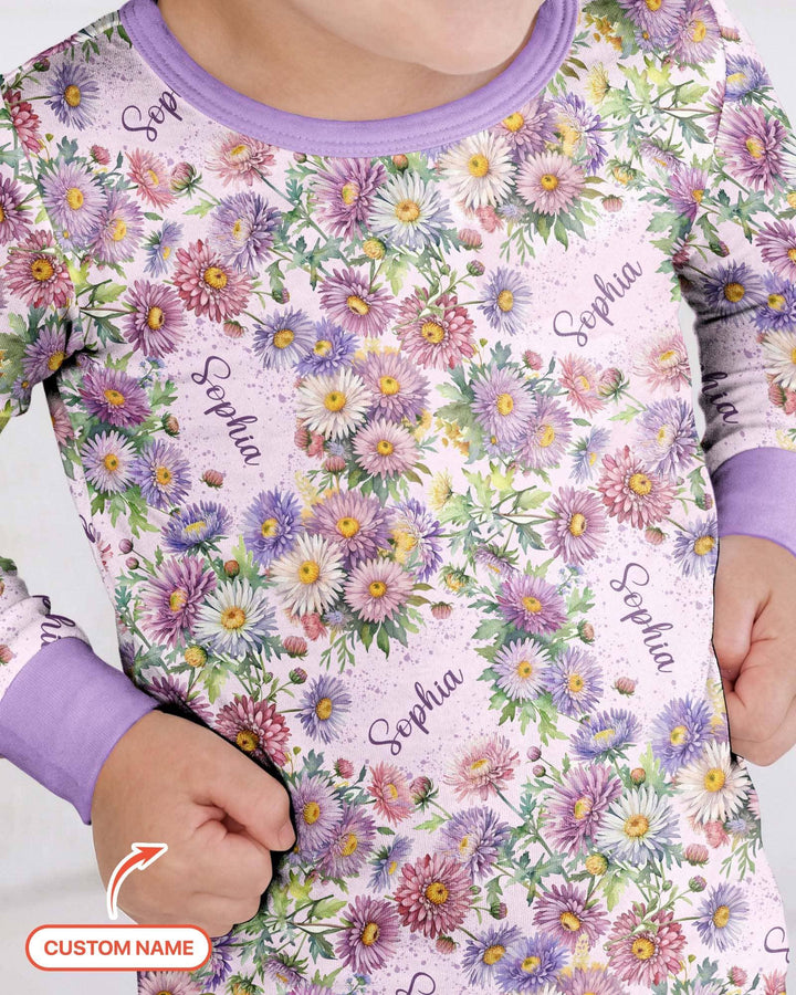 Custom Name Birth Month Flowers Bamboo Two Piece Long Sleeve Pajama Set