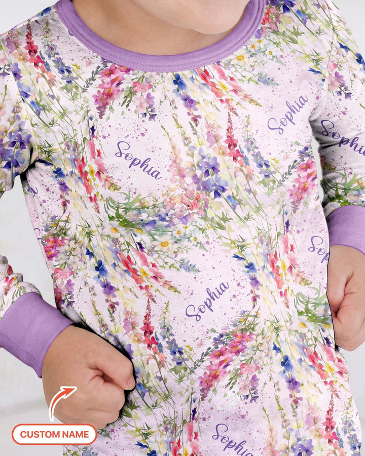 Custom Name Birth Month Flowers Bamboo Two Piece Long Sleeve Pajama Set
